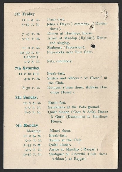 India 1920 Programme of the Wedding of the Nawab of Palanpur