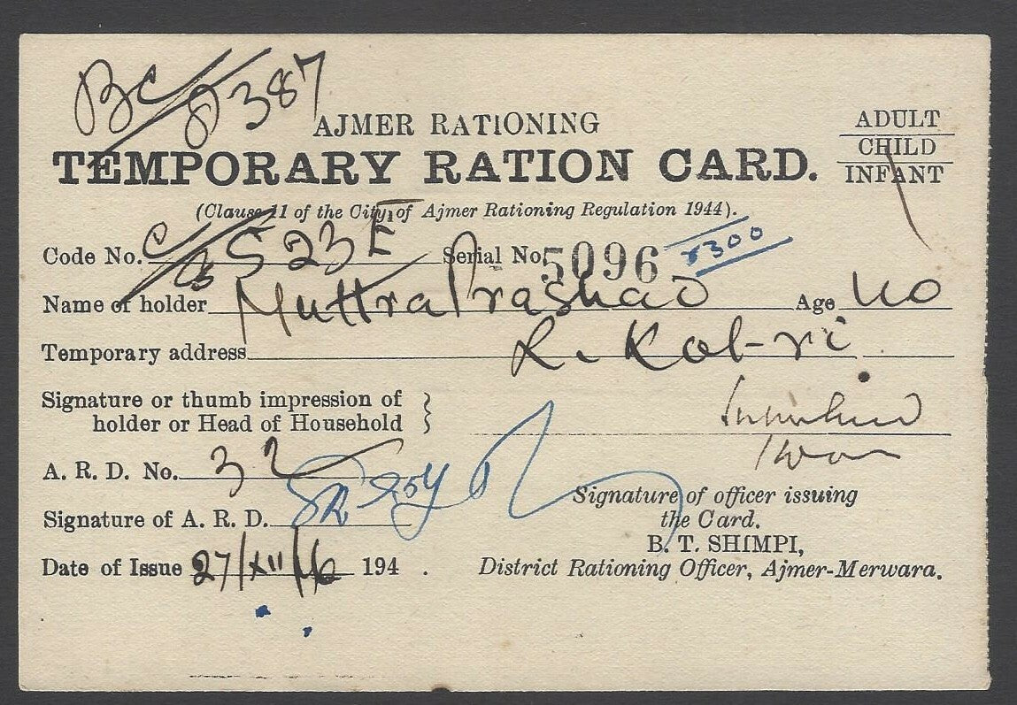 AOPIMT India WW2 1946 AJMER RATIONING Temporary Ration card