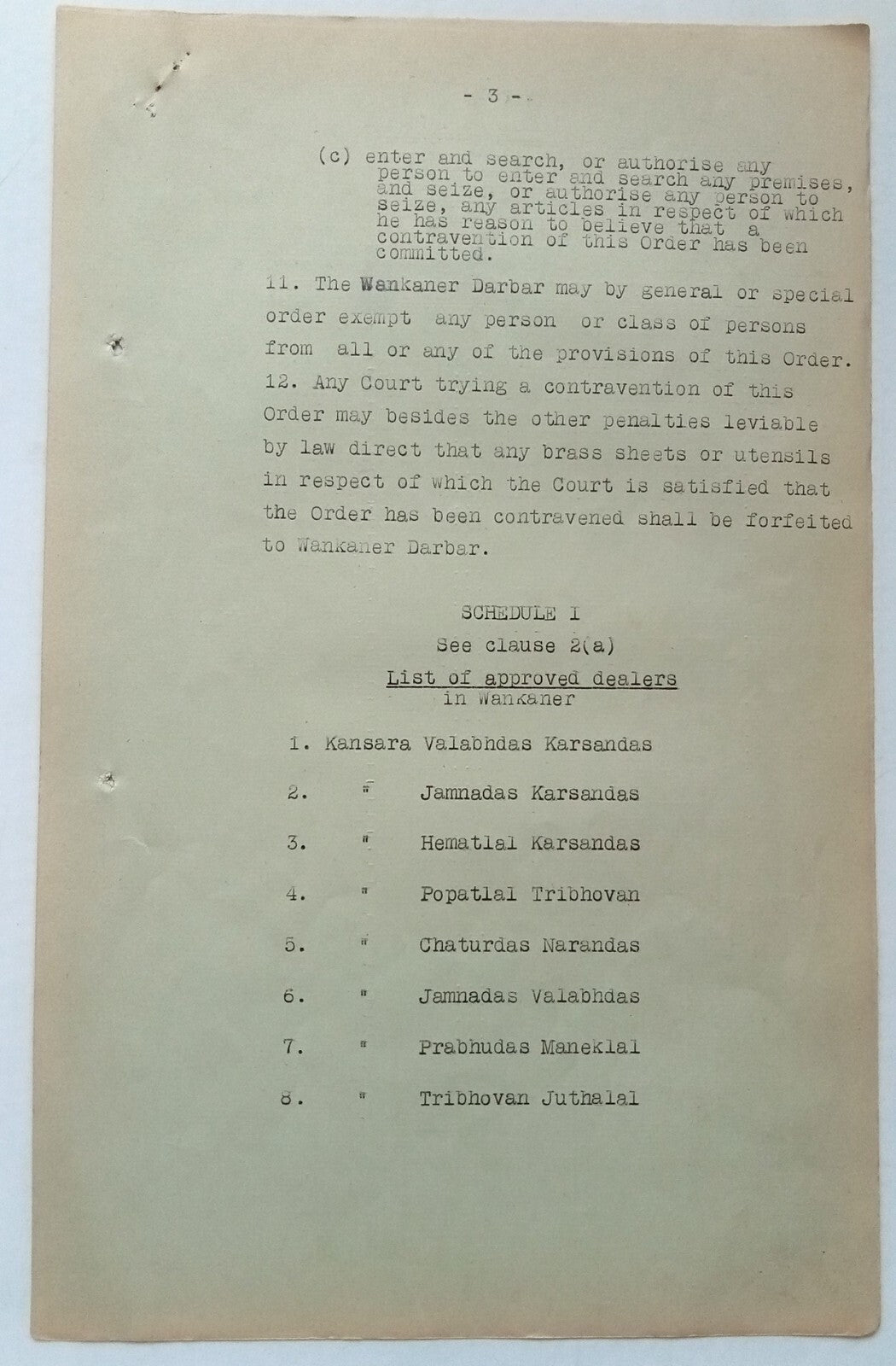 India 1945 BRASS CONTROL ORDER signed Amar Singh MAHARAJA WANKANER