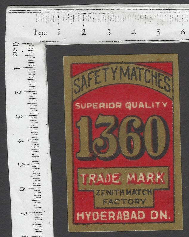 AOP India vintage matchbox label 1360 by Zenith Match Factory, Hyderabad