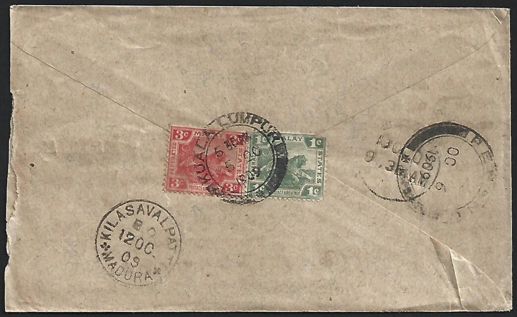 FMS 1c & 3c on 1909 decorated cover KUALA LUMPUR to India via PENANG
