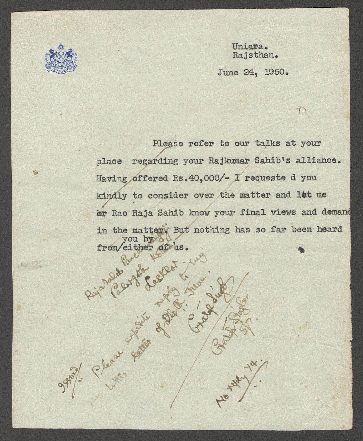 AOP India Uniara State 1950 crested BRIDE DOWRY letter 