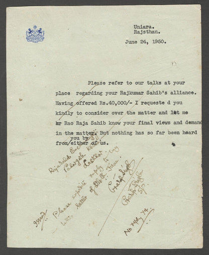AOP India Uniara State 1950 crested BRIDE DOWRY letter 