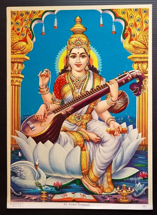 India vintage poster SRI KAMALA SARASWATI 9.5"x13" inches by J.B. KHANNA & Co.