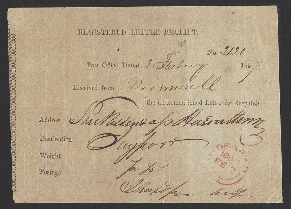 India Hyderabad red double arcs on 1857 registered letter receipt