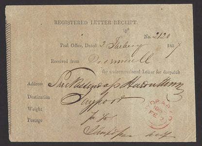 India Hyderabad red double arcs on 1857 registered letter receipt