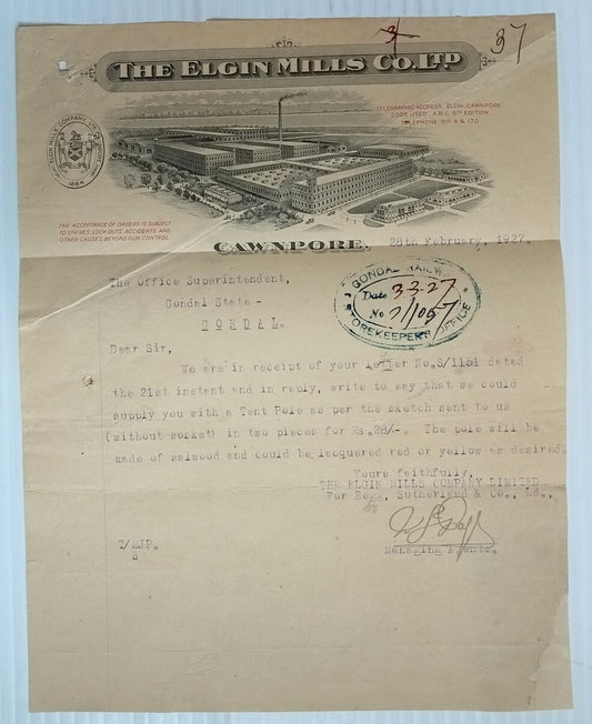 AOP India 1927 illustrated letterhead THE ELGIN MILLS CO. LTD. Kanpur