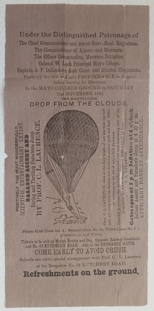 India AVIATION 1891 Prof Laurence BALLOON PARACHUTE JUMP herald DAMAGED REPAIRED