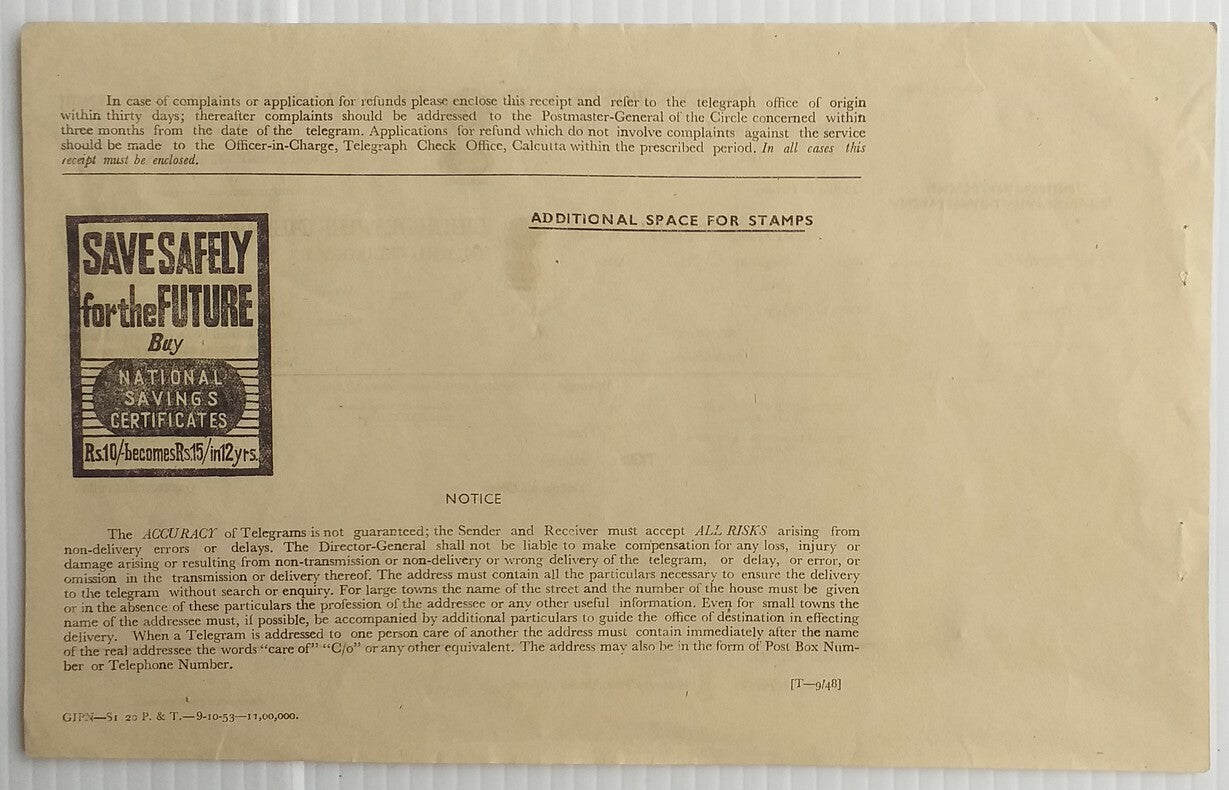 AOP India 1948 Inland Telegram 1953 printing unused