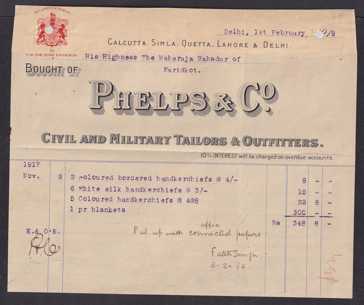 India Phelps & Co., Delhi, Military Tailors 1918 billhead to Maharaja Faridkot