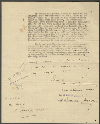 AOP All India Progressive League 1938 State of Union letter HANDS OFF THE STATE