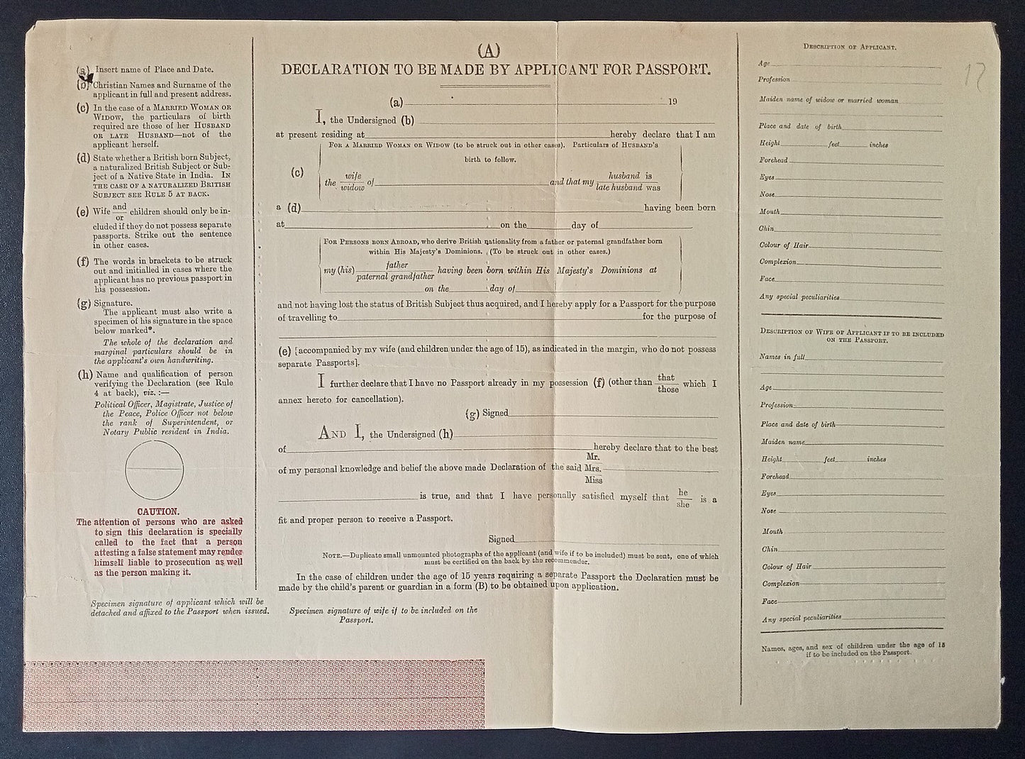 India 1929 travel document Application form unused
