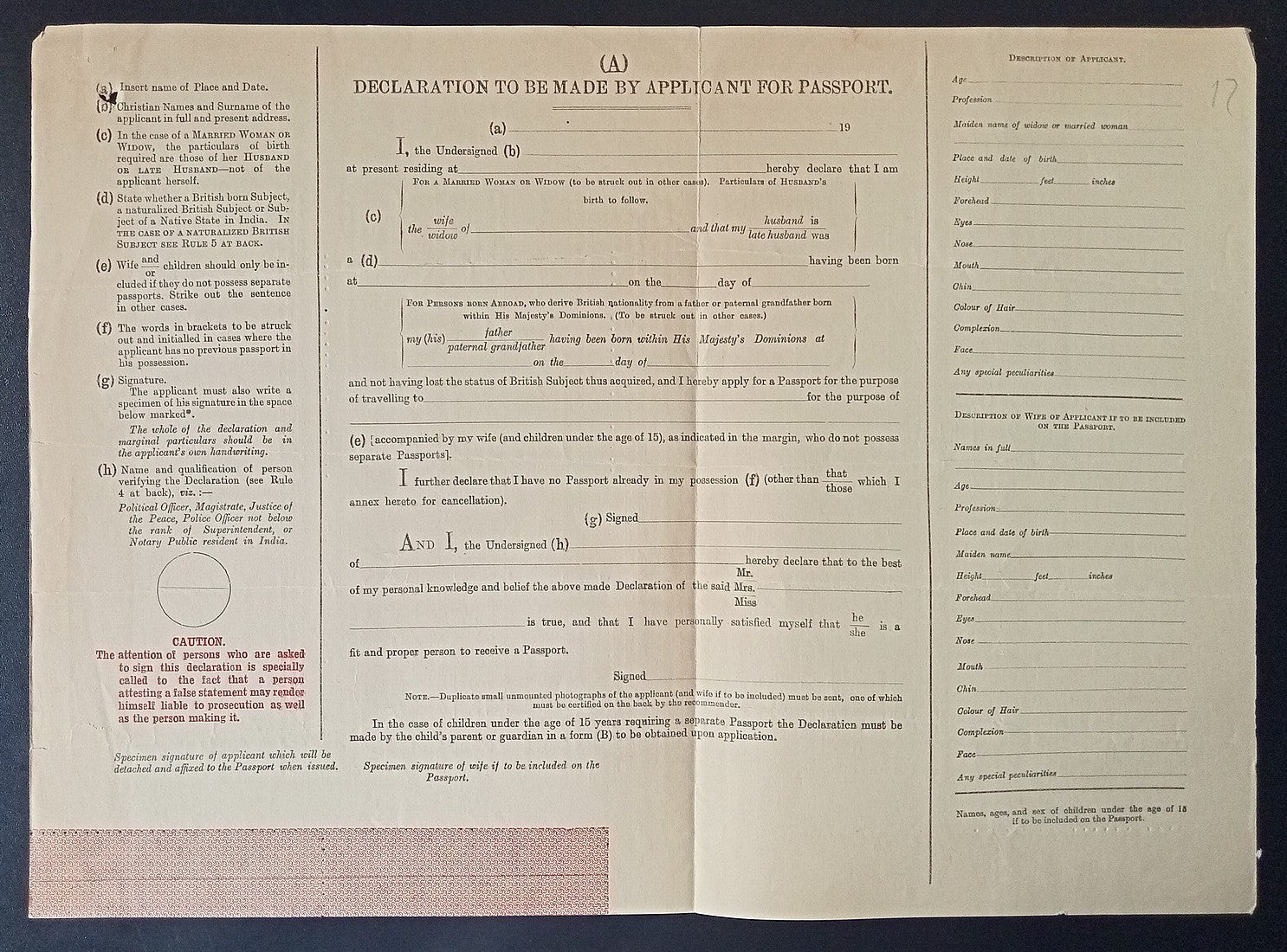 India 1929 travel document Application form unused