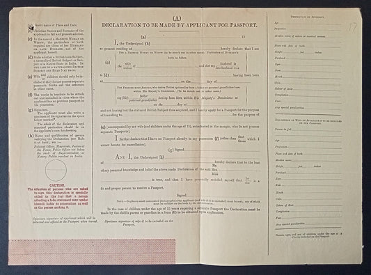 India 1929 travel document Application form unused