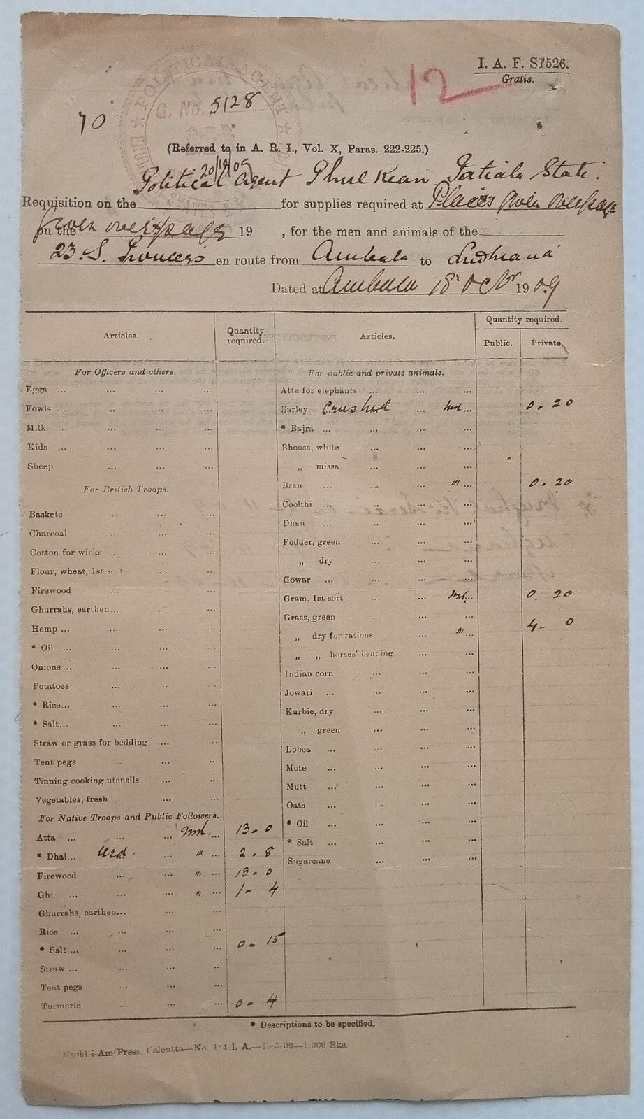 British India Military 1909 British Troops & Native Troops food requisition form