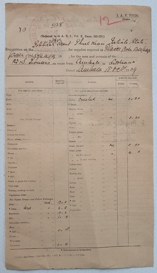 British India Military 1909 British Troops & Native Troops food requisition form