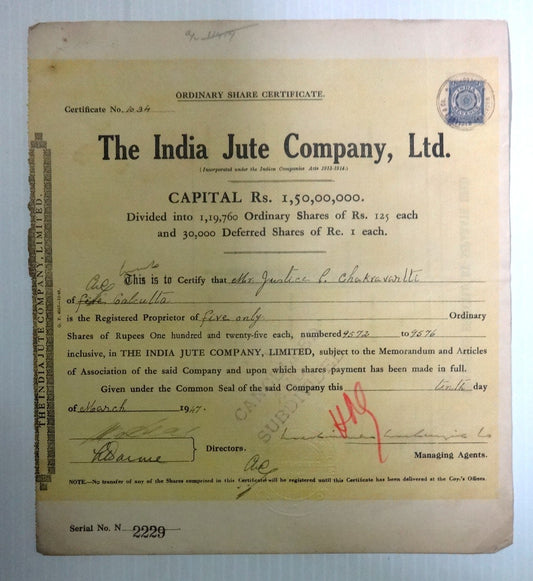 India 1947 Jute Company share certificate