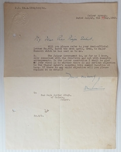 AOP India 1942 crested letter GOVERNMENT OF INDIA to the Raja of Uniara
