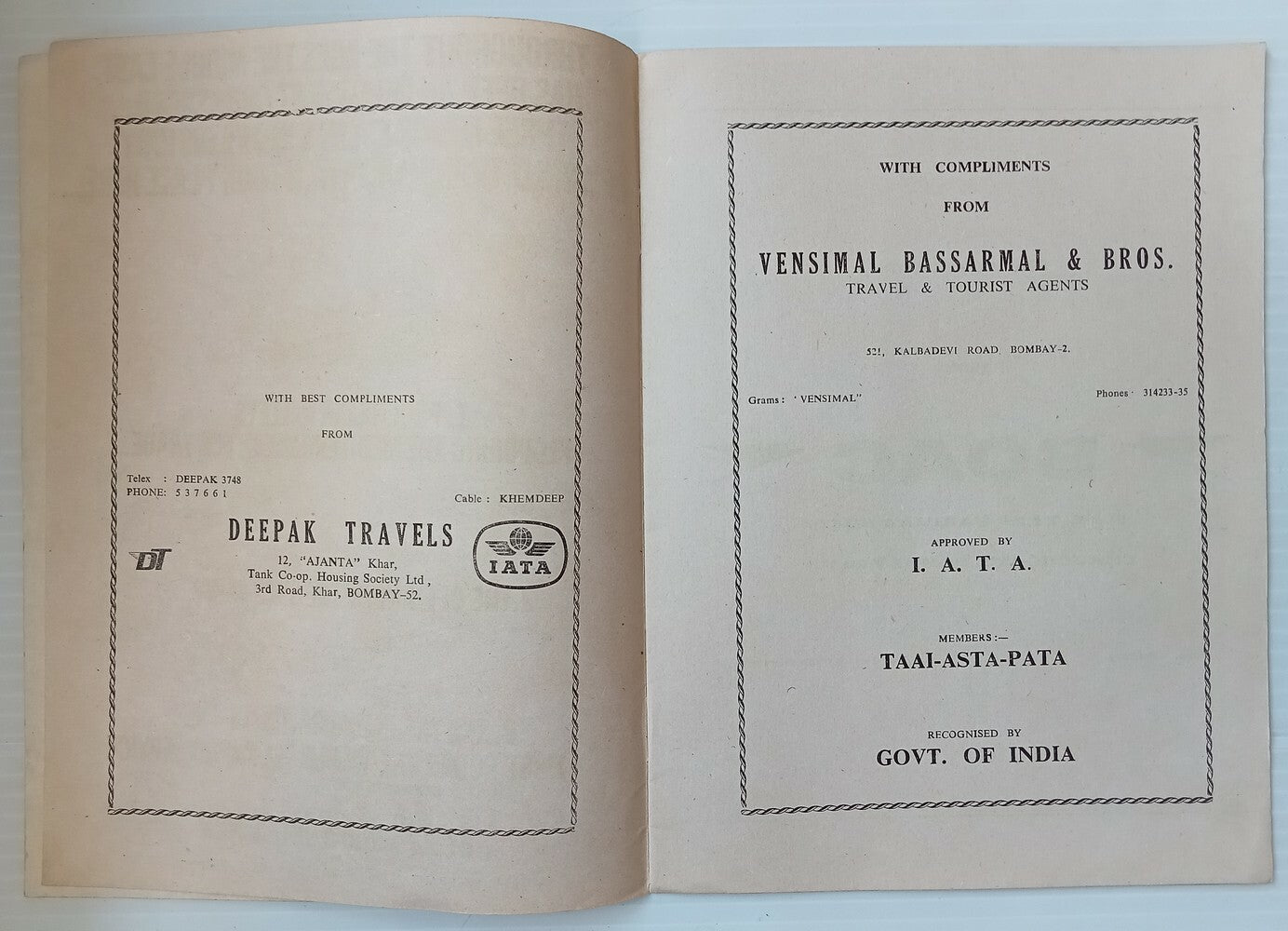 AOP India - Bombay Airlines And Agents 1972 souvenir