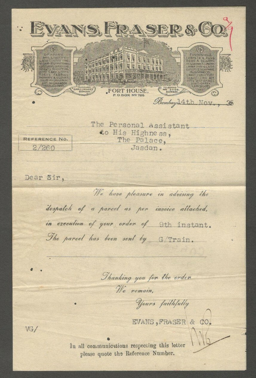AOP India 1935 illustrated letterhead EVANS FRASER & CO Bombay