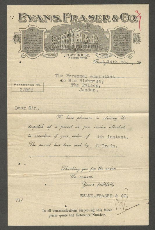 AOP India 1935 illustrated letterhead EVANS FRASER & CO Bombay