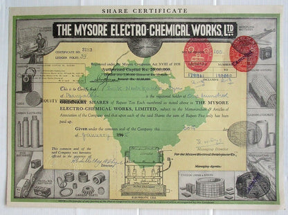 India 1947 (re-issued 1965) Mysore Electro Chemical Works share certificate zaz