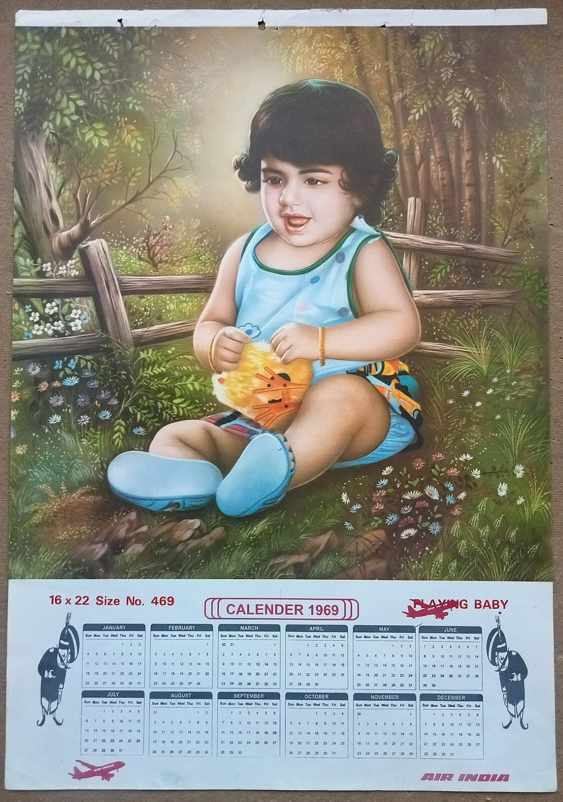 AIR INDIA 1969 poster calender 469 - PLAYING BABY - R