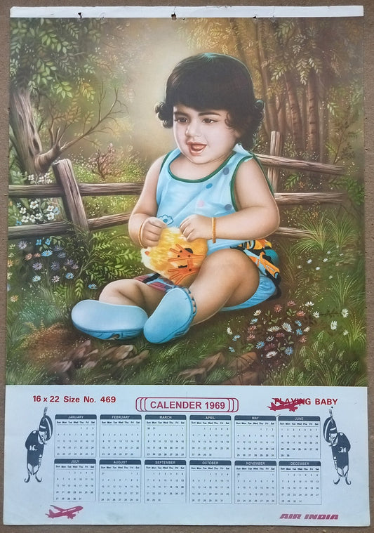 AIR INDIA 1969 poster calender 469 - PLAYING BABY - R