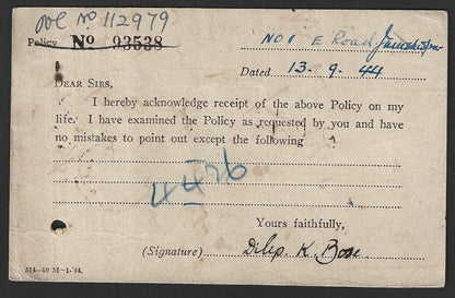 India 1944 Business Reply card unaccepted, charged single deficiency Postage Due