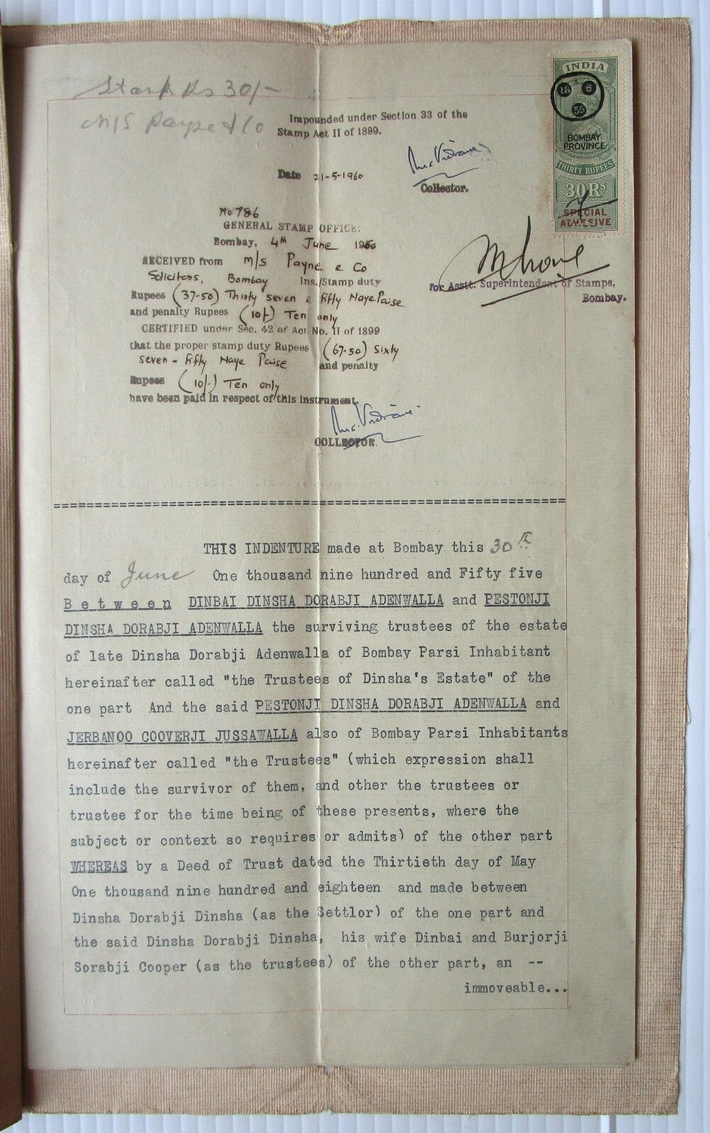 India 1955 Declaration of Trust document with Special Adhesive KGVI 30R