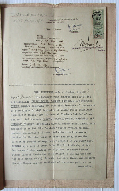 India 1955 Declaration of Trust document with Special Adhesive KGVI 30R