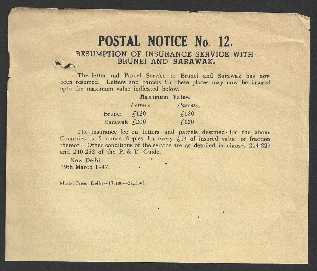 India POSTAL NOTICE 12 19 May 1947 Resumption Insurance Service Brunei Sarawak