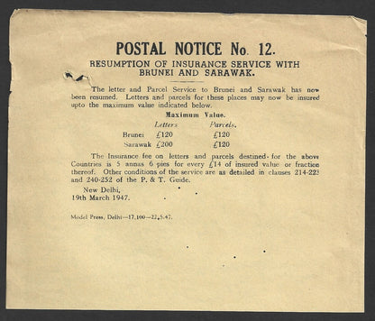India POSTAL NOTICE 12 19 May 1947 Resumption Insurance Service Brunei Sarawak