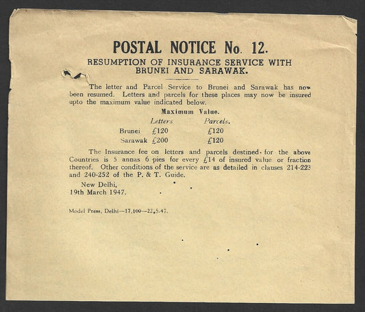 India POSTAL NOTICE 12 19 May 1947 Resumption Insurance Service Brunei Sarawak