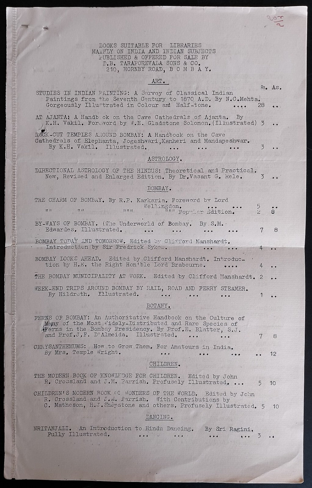 AOP 1938 Taraporewala list of books on Indian subjects