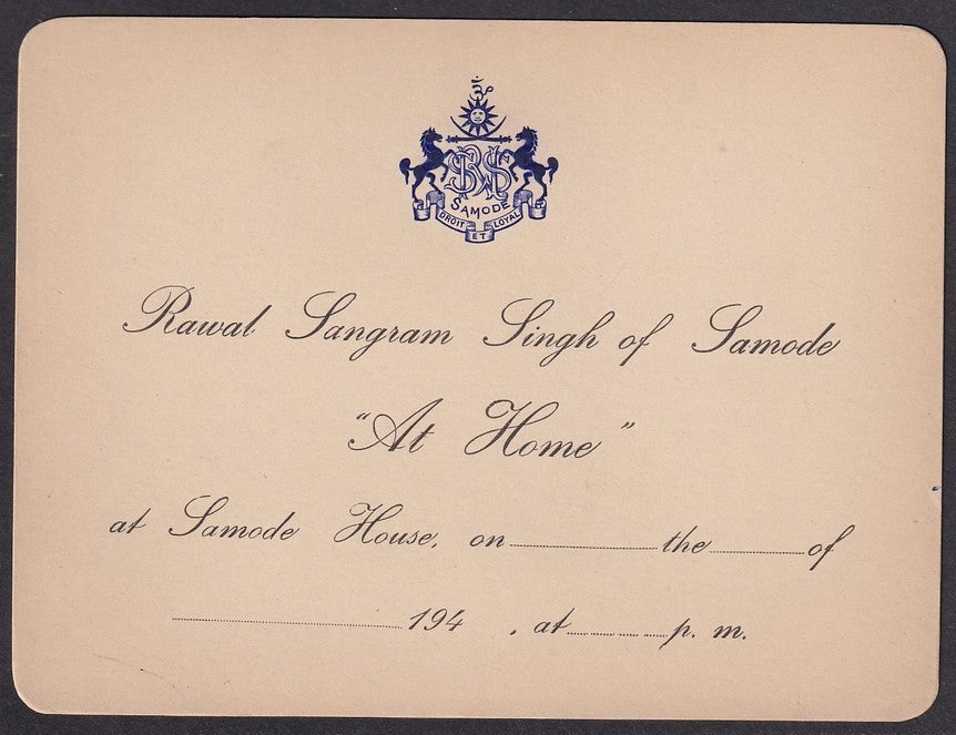 India RAWAL (RULER) OF SAMODE crested invitation card 1940s