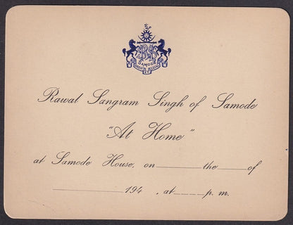 India RAWAL (RULER) OF SAMODE crested invitation card 1940s