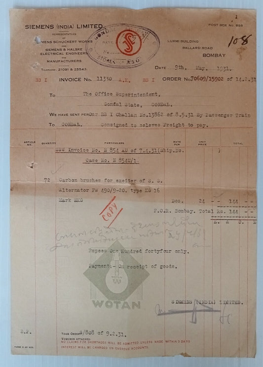 AOP Siemens Wotan Lamps Bombay 1931 illustrated billhead India