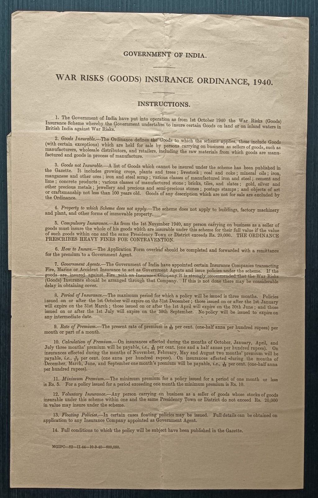 India WW2 1940-42 WAR RISKS (GOODS) INSURANCE ORDINANCE documents
