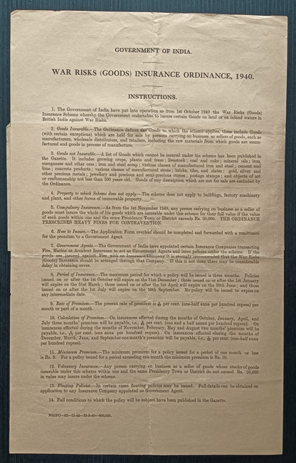 India WW2 1940-42 WAR RISKS (GOODS) INSURANCE ORDINANCE documents
