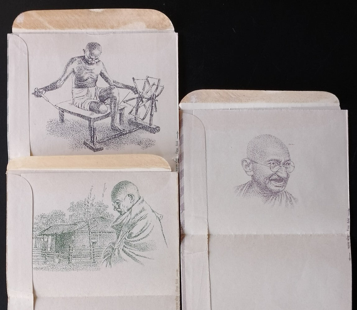 AOP India Gandhi Centenary illustrated aerogrammes set of 3 unused with labels
