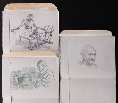 AOP India Gandhi Centenary illustrated aerogrammes set of 3 unused with labels