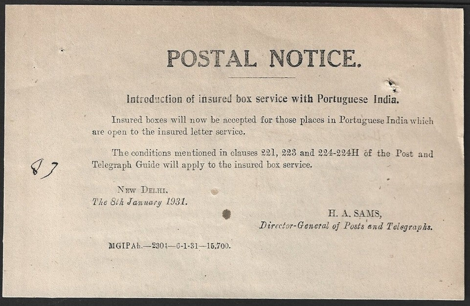 India POSTAL NOTICE 8th Jan. 1931 Insured box Service Portuguese India