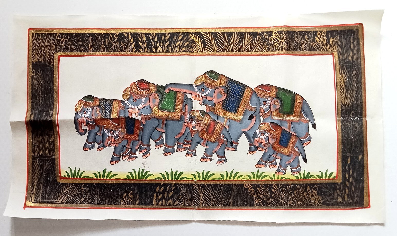 India vintage hand painting on cloth SEVEN ELEPHANTS 8 x 15 inches