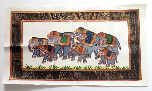 India vintage hand painting on cloth SEVEN ELEPHANTS 8 x 15 inches