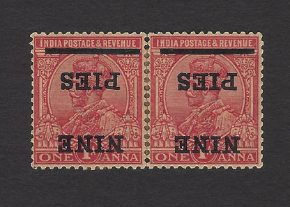 India KGV 1921 NINE PIES on 1a OVERPRINT INVERTED MH pair