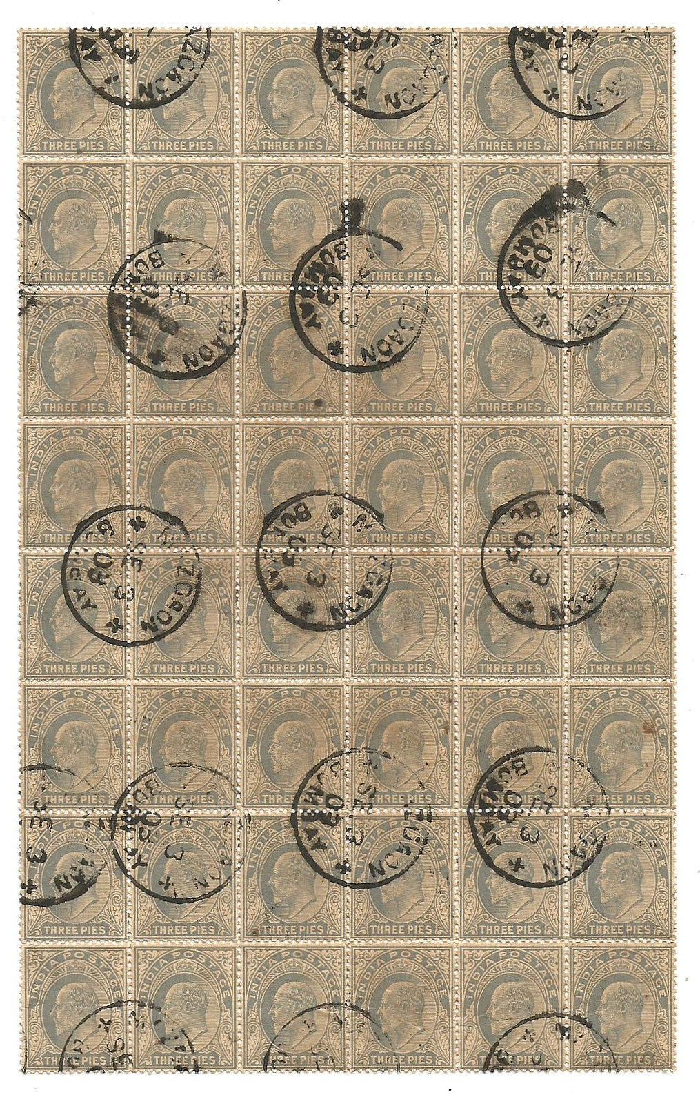 India KEdVII 3p grey used block of 48 – UNUSUAL