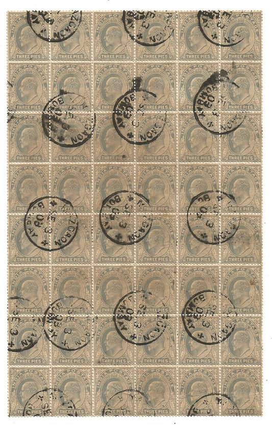India KEdVII 3p grey used block of 48 – UNUSUAL