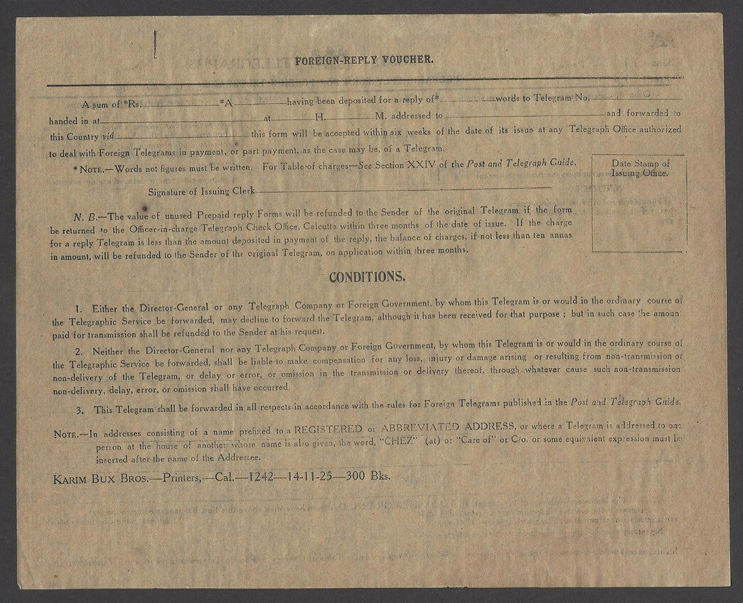 India 1925 PREPAID REPLY FORM FOR FOREIGN TELEGRAMS unused