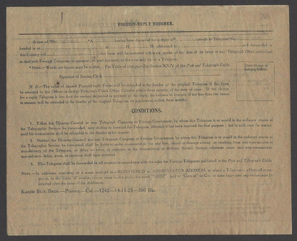 India 1925 PREPAID REPLY FORM FOR FOREIGN TELEGRAMS unused